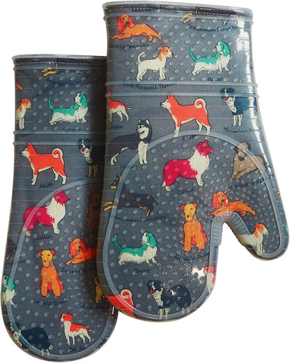 Oven Mitts Set of 2 with Transparent Clear Silicone Shell and Nice Dog Printing Cotton Lining, Heat Resistant to 500 F Kitchen Oven Gloves Pot Holder for Cooking (Gray) by REDLMLDETA