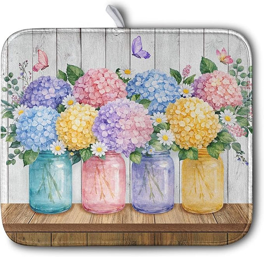 Hydrangea Dish Drying Mat for Kitchen Counter Spring Summer Floral Vases dish mat Microfiber Absorbent Dish Drainer Pad Rustic Farmhouse Floral Wooden Board Dish Draining Mats 16x18 Inch by Kwlegh