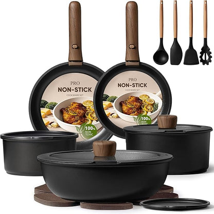 CAROTE 19pcs Pots and Pans Non Stick, Cookware Sets Detachable Handle, Induction Kitchen Pots and Pans,NonStick Cooking Set, Oven/Dishwasher/Fridge Safe, Space Saving by CAROTE