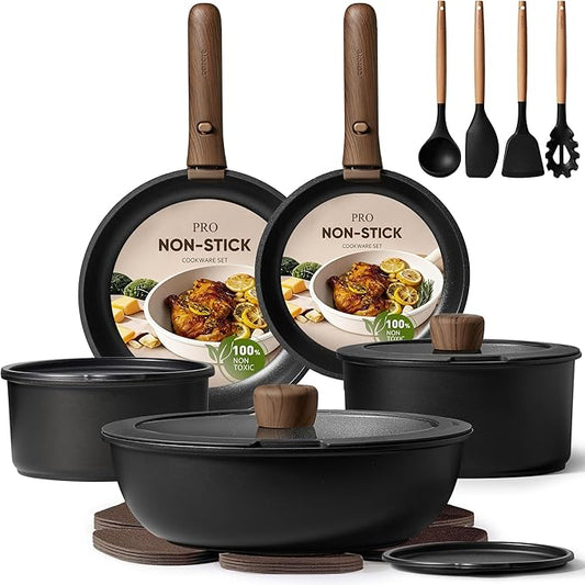 CAROTE 19pcs Pots and Pans Non Stick, Cookware Sets Detachable Handle, Induction Kitchen Pots and Pans,NonStick Cooking Set, Oven/Dishwasher/Fridge Safe, Space Saving by CAROTE