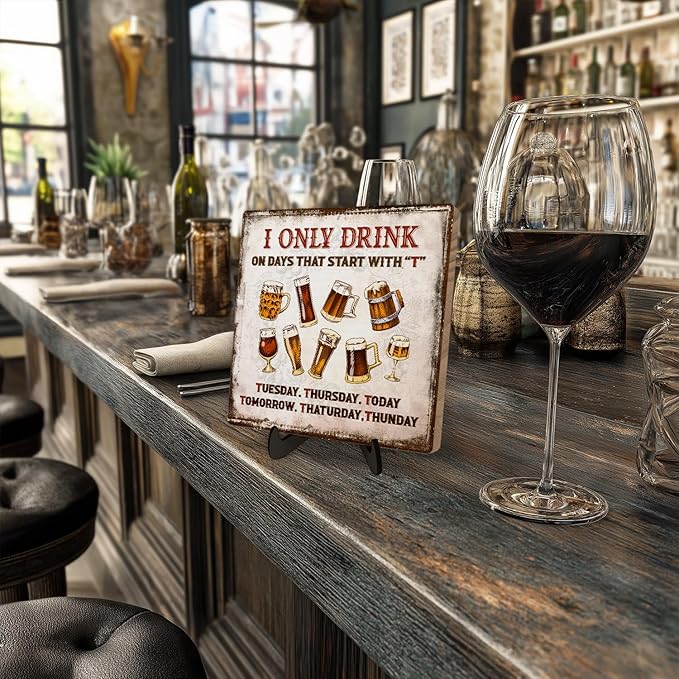Funny Drinking Sign –I Only Drink on Days That Start with T,Retro Bar Plaque, Beer Lover Gift for Men, Home Pub Wall Decor, Tabletop Sign with Stand, 5.9 x 5.9 Inches (White-Beer) - Image 5