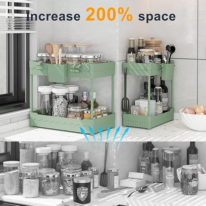 Sevenblue 2 Pack Under Sink Organizer, Under Bathroom Cabinet Organizer with Hooks Hanging Cup, Multi-Purpose Storage Shelf for Kitchen Bathroom (Green, 14.8 Inch) - Image 2
