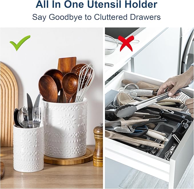 LOVECASA Utensil Holder, 7.2"+5.4" Ceramic Utensil Holder for Countertop, Large Cooking Utensil Crocks for Kitchen Counter, Farmhouse Utensil Vase for Housewarming, Kitchen Decor, Set of 2, Snow - Image 3