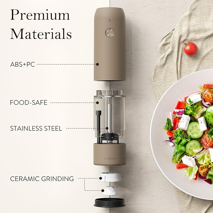 Ultrean Pepper Grinder, Rechargeable Salt and Pepper Grinder Set with 6 Adjustable Coarseness, LED Light, Electric Pepper Mill, Essentials for New Home Housewarming, Brown - Image 5