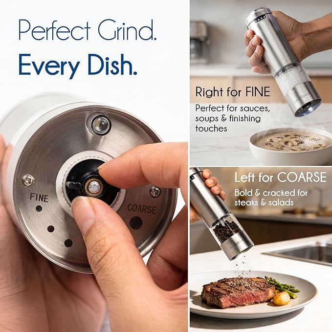 Latent Epicure Electric Salt and Pepper Grinder Set, USB-C Rechargeable Stainless Steel Mills with LED Light, Adjustable Ceramic Grinders with Acrylic Mill Rest Tray