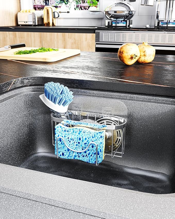 HapiRm Multifunctional Adhesive Kitchen Sink Organizer with M-Shaped, 2 Installation Methods Kitchen Sponge Holder, Rustproof Sponge Caddy for Brush, Sink Stopper and Scraper -Silver - Image 6