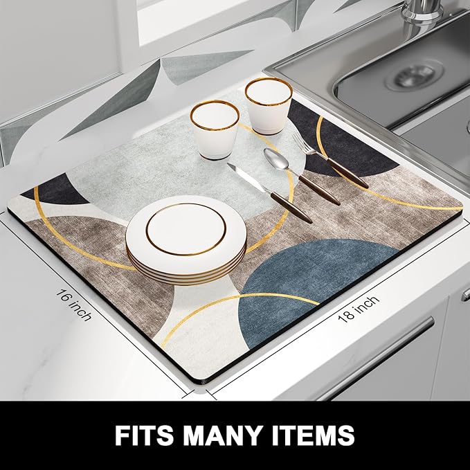 Rnivvi Dish Drying Mat for Kitchen Counter, 16 x 18" Cute Boho Theme Absorbent Heat Resistant Drying Pad with Non-slip Rubber, Coffee Bar Mats for Coffee Machine Dish Rack, Abstract Art Circle - Image 3
