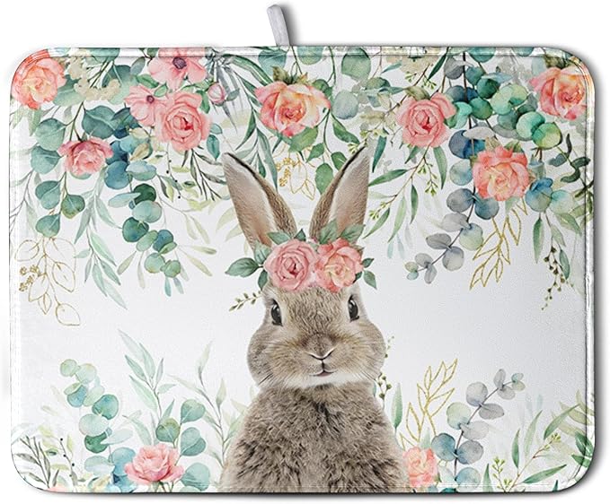 Easter Rabbit Dish Drying Mats for Kitchen Counter Easter Spring Watercolor Floral Bunny Absorbent Dish Drying Mat 18x24 Inch Absorbent Reversible Reusable Washable Dishes Drainer Mats by Kwlegh