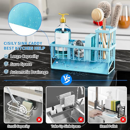Cisily Blue Kitchen Sink Caddy Organzier with High Brush Holder, Sponge Holder for Sink, 304 Rustproof Stainless, Kitchen Countertop Soap Dispenser Organizer, Blue Home Decor and Accessories - Image 5