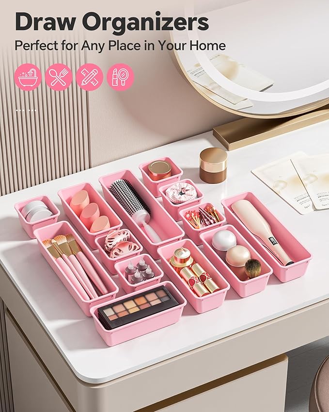 Canfanni 13 Pack Plastic Drawer Organizers Set, 3 Sizes Desk Drawer Organizer Trays for Vanity and Makeup Organizer, Organization and Storage for Makeup, Kitchen Utensils, Bathroom and Office(Pink) - Image 6