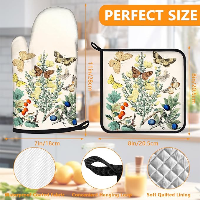 Wildflowers Butterfly Oven Mitts and Pot Holders Sets 4Pcs,Extra Long Oven Gloves Potholder for Kitchen Cooking Baking BBQ 100% Cotton Heat Resistant - Image 2
