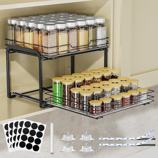 Spice Rack Organizer for Cabinet, 2 Tier Vertical Pull Out Spice Rack – Heavy Duty Metal Spice Organization for Cabinet, 60-Jar Capacity, Height Adjustable Cabinet Organizer, 13.58''Wx10.5''Dx9.5''H