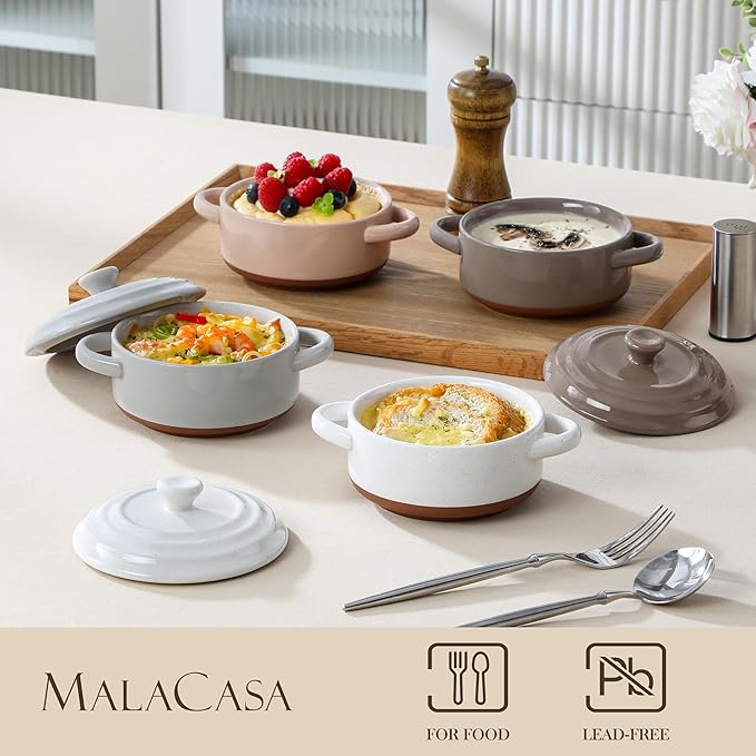 MALACASA Mini Cocotte Set - 12 OZ Small Casserole Dishes for Oven with Lids and Handles, Ramekins Oven Safe, Ceramic Mini Dutch Oven Set of 4, Microwave & Dishwasher Safe, Multicolor, Series TARA - Image 3