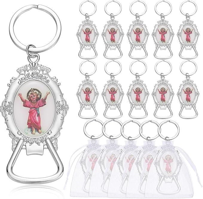 Misdary 12 Pcs Divine Jesus Bottle Opener Keychain Catholic Bottle Opener with Organza Baptism Party Favor for Guest