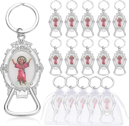 Misdary 12 Pcs Divine Jesus Bottle Opener Keychain Catholic Bottle Opener with Organza Baptism Party Favor for Guest