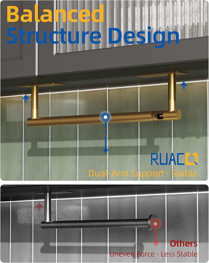 RUACQ Paper Towel Holder Under Cabinet, Wall Mounted or Adhesive Stainless Steel Paper Towel Holder,Square Base Paper Towel Rack for Kitchen, RV, Bathroom (Brushed Gold)