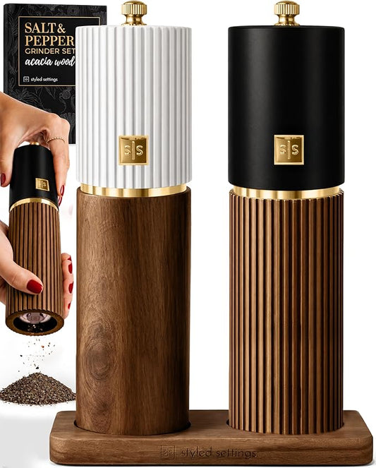 Wooden Salt and Pepper Grinder Set – Refillable Manual Salt and Pepper Mills with Adjustable Ceramic Burrs, Gold Detailing, and Wood Stand – White, Black and Acacia by STYLEDSETTINGS