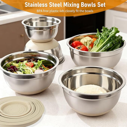 CHAREADA Mixing Bowls with Airtight Lids, 18pcs Stainless Steel Nesting Colorful Mixing Bowls Set Non-slip Silicone Bottom, Size 4.5, 3.6, 2.7, 2.1, 1.7, 1.1, 0.7 qt, Fit for Mixing & Serving (Khaki) - Image 5