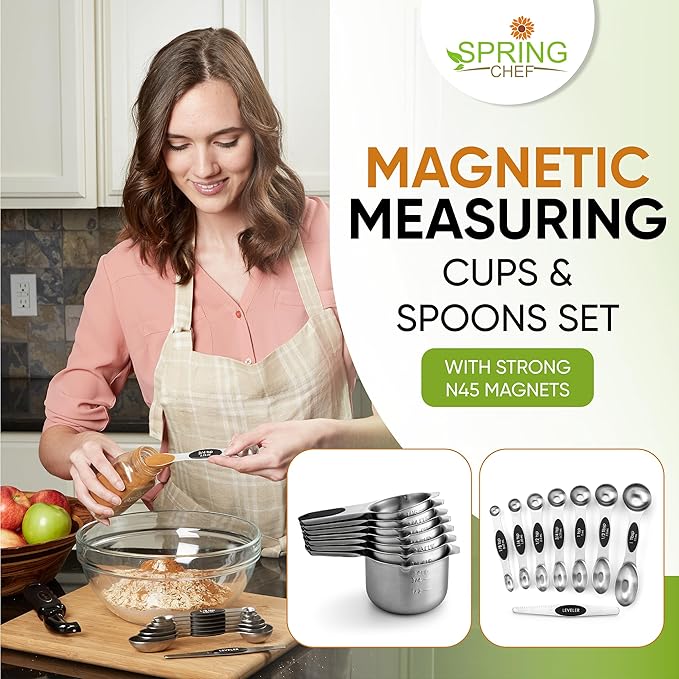Spring Chef Magnetic Measuring Cups & Spoons Set, Patented, Strong N45 Magnets, Heavy Duty Stainless Steel Fits in Spice Jars for Baking & Cooking, BPA Free, Round Set of 15 with Leveler, Black - Image 3