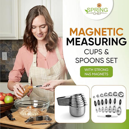 Spring Chef Magnetic Measuring Cups & Spoons Set, Patented, Strong N45 Magnets, Heavy Duty Stainless Steel Fits in Spice Jars for Baking & Cooking, BPA Free, Round Set of 15 with Leveler, Black - Image 3