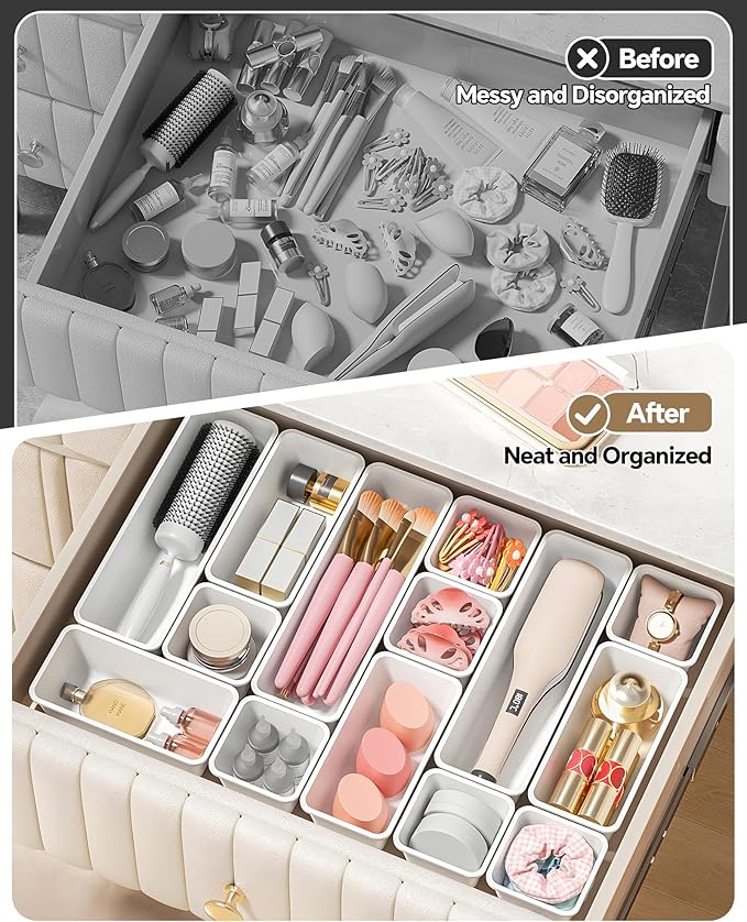 Canfanni 13 Pack Plastic Drawer Organizers Set, 3 Sizes Desk Drawer Organizer Trays for Vanity and Makeup Organizer, Organization and Storage for Makeup, Kitchen Utensils, Bathroom and Office(White) - Image 4