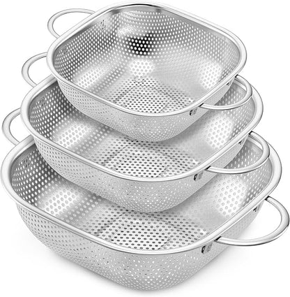 E-far 3 Pack Colander for Kitchen, Square Stainless Steel Metal Strainer Colander with Handle for Draining Food Pasta Vegetable, Micro-Perforated & Elevated Feet, Dishwasher Safe(2.4/4/6QT) by E-far