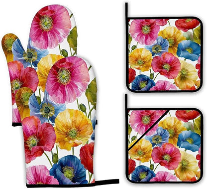 Poppy Flower Oven Mitts and Pot Holders,Pink Yellow Blue Heat Resistant Oven Mitts Gloves and Pot Holder for Home Kitchen Decorations Cooking Baking BBQ Gifts,Set of 4