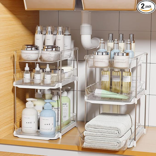 Delamu 2 Sets of 3-Tier Bathroom Under Sink Organizers and Storage, Multi-Purpose Stackable Pantry Organization and Storage, Pull Out Clear Kitchen Bathroom Cabinet Organizer with Movable Dividers | Storage, Multi-Purpose, Stackable, Pantry Organizatio... by DELAMU