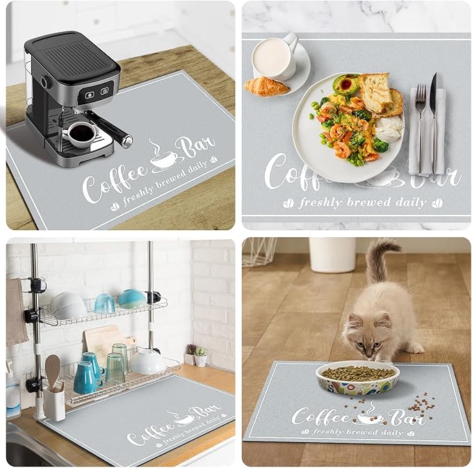 CooRug Absorbent Coffee Mat, Fashion Dish Drying Mat for Kitchen Counter Coffee Bar Accessories Espresso Machine Dish Rack 16" x 24" Light Grey - Image 5