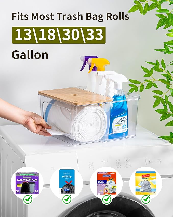 iCASA Trash Bag Dispenser Dishwasher Pod Holder - 5 in 1 Plastic Garbage Bag Under Sink Organizer, Acrylic Dryer Sheet Balls Laundry Pods Container with Bamboo Lid, Pantry Organizers and Storage Box - Image 4