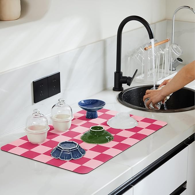 Ohocut Checkered Dish Drying Mat for Kitchen Counter, Coffee Bar Station Accessories, Retro Cute Aesthetic Modern Absorbent Drainer Mat Kitchen Drying Mat Easy Clean, Hot Pink 12" x 19" - Image 2