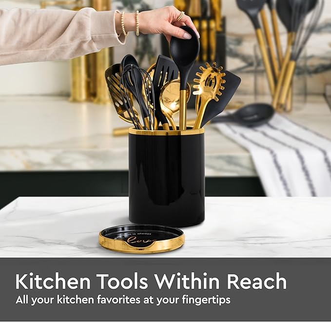 STYLED SETTINGS Black and Gold Utensil Holder with Built-in Spoon Rest - 2 PC Large Ceramic Utensil Holder Includes Black & Gold Spoon Rest - Luxury Kitchen Accessories - Utensils Not Included - Image 5
