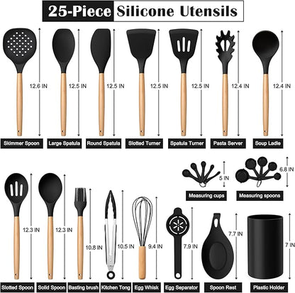 E-far Black Kitchen Utensils Set with Holder, 25-Piece Silicone Cooking Utensil Set with Wooden Handle for Nonstick Cookware, 446°F Heat Resistant Kitchen Tool Spatula Tongs Whisk, Non-toxic & Healthy - Image 2