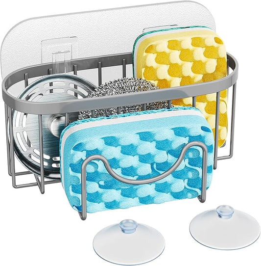 HapiRm Sponge Holder for Kitchen Sink - Sink Caddy with Unique M-Shaped, 2 Installation Methods Kitchen Organizer, Rustproof Stainless Steel Sponge Caddy - Grey by HapiRm
