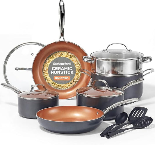 GOTHAM STEEL 15 Pc Ceramic Cookware Set, Ceramic Pots and Pans Set Non Stick with Cooking Utensils and Steamer, Non Toxic PFOA PFOS Free, Premium Stay Cool Handles, Oven & Dishwasher Safe by GothamSteel