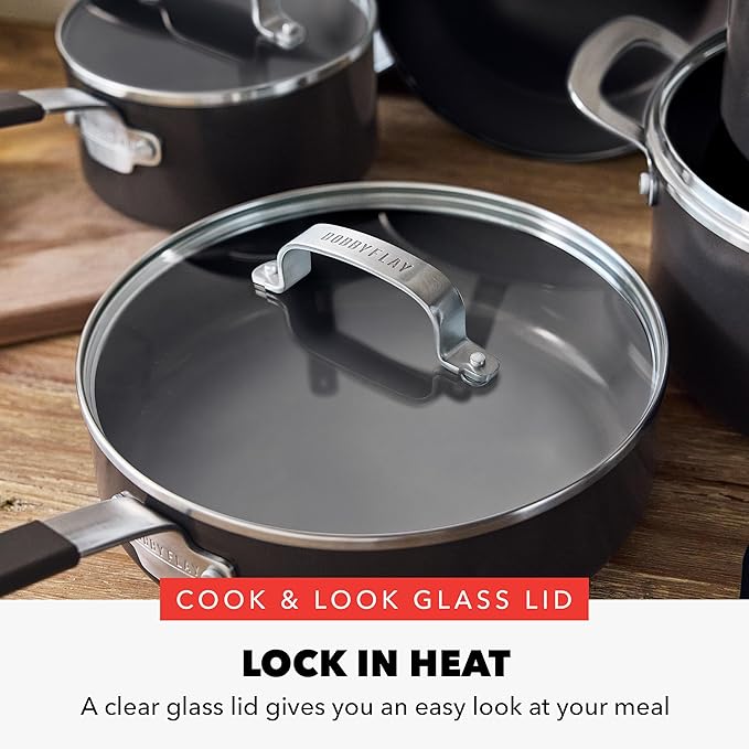 GreenPan x Bobby Flay 13 Piece Nonstick Cookware Pots and Pans Set, PFAS-Free Diamond Ceramic, Induction Suitable, Easy Clean Dishwasher & Oven Safe, Stay-Cool Silicone Handles, Glass Lids, Black - Image 9