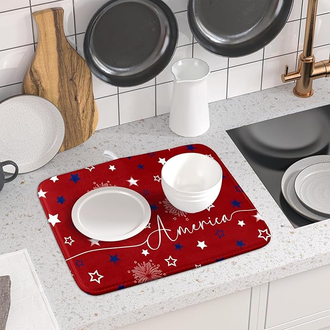 Giwawa 4th of July Dish Drying Mat 16"x18" Patriotic Usa Stars America Firework Dish Drainer Mats Independece Day Reversible Microfiber Dish Drying Pad for Kitchen Countertop Small Decor