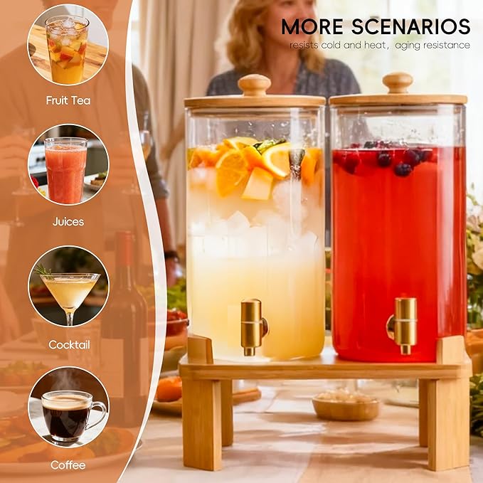 1.5 Gallon 2 Pack Glass Drink dispenser for parties,Beverage Dispenser With Wood Stand,Water Dispensers with spigot,lemonade dispenser,juice containers & water pitcher with lid - Image 7