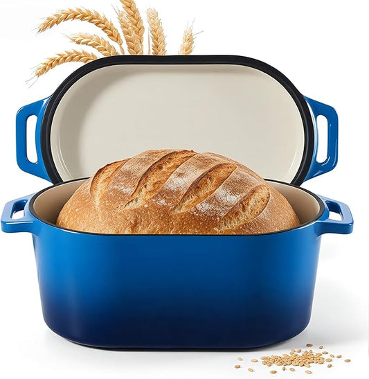 Dutch Oven for Bread Baking, 3.4 QT Bread Dutch Oven for Sourdough, Enamelled Cast Iron Bread Oven with Lids, Heavy-Duty Non Stick Sourdough Loaf Pan, Meatloaf Pan, Blue
