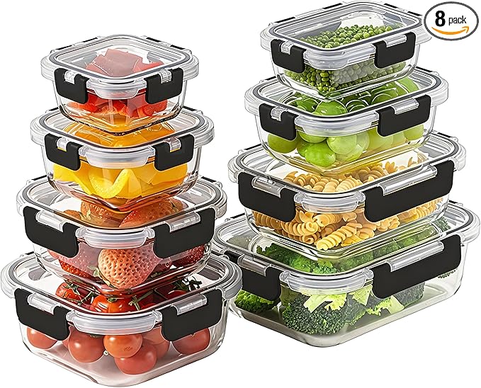 8 Pack Borosilicate Glass Food Storage Containers with Lids, Glass Meal Prep Containers, Airtight Bento Lunch Boxes with Snap Locks, Oven, Freezer and Dishwasher Safe, BPA Free, Kitchen Storage Set by HOMBERKING