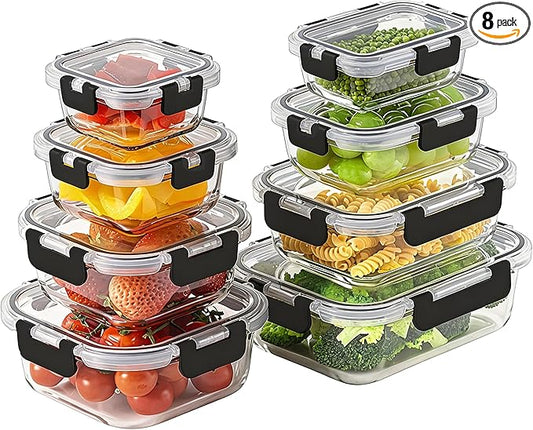 8 Pack Borosilicate Glass Food Storage Containers with Lids, Glass Meal Prep Containers, Airtight Bento Lunch Boxes with Snap Locks, Oven, Freezer and Dishwasher Safe, BPA Free, Kitchen Storage Set by HOMBERKING