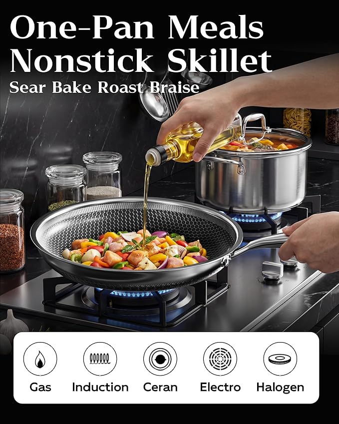 Nonstick Frying Pan with Lid 12-Inch, Durable Stainless Steel Skillet, Induction Cooktop Compatible, PFOA-Free Scratch-Proof, Dishwasher & Oven Safe, Stay-Cool Handle, Silver Kitchen Cookware - Image 4