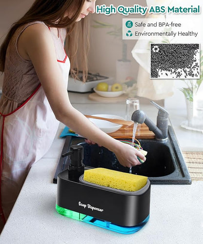 Kitchen Dish Soap Dispenser Set，Dish and Hand Soap Dispenser with Sponge Holder, 3-in-1 Countertop Sponge Dual Soap Pump Dispenser for Kitchen Sink - Black - Image 3