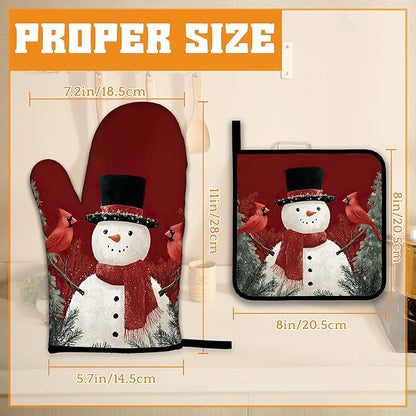 Christmas Snowman Oven Mitts and Pot Holders,Cardinal Heat Resistant Oven Mitts Gloves and Pot Holder for Home Kitchen Decorations Cooking Baking BBQ Gifts,Set of 4
