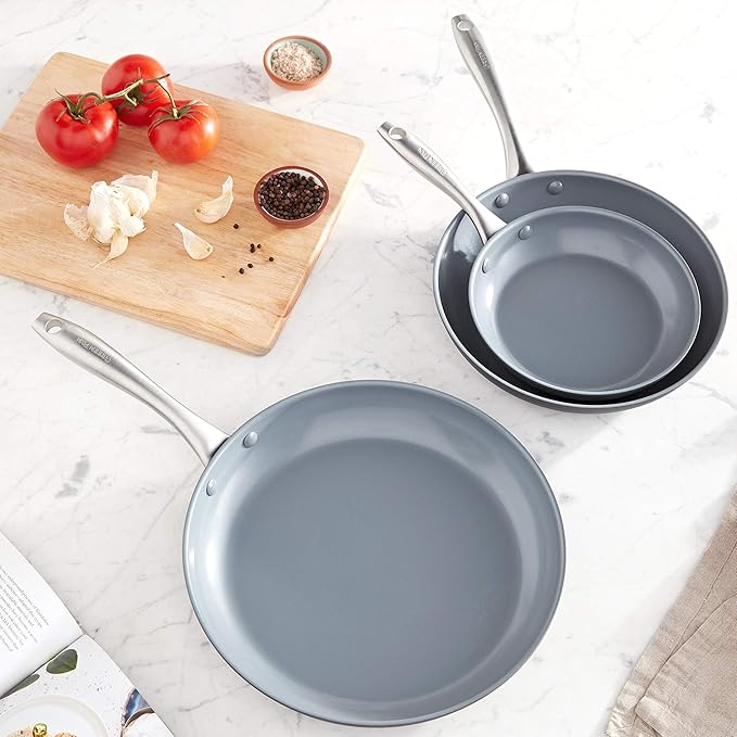GreenPan Lima Hard Anodized 8" 10" & 12" Frying Pan Skillet Set, Ceramic Nonstick, PFAS-Free Nontoxic Pots & Pans, Oven & Broiler Safe, Stainless Steel Handles, Cookware for Eggs & Omelet, Gray - Image 11