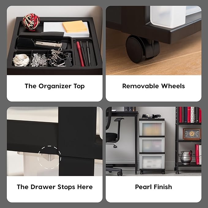IRIS USA Plastic Drawer Storage Organizer Rolling Cart, with Wheels Casters, 3-Drawers, for Classroom Art Craft Supplies Dresser Closet Bathroom Laundry Room, Black/Pearl - Image 4