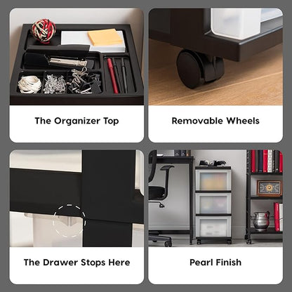 IRIS USA Plastic Drawer Storage Organizer Rolling Cart, with Wheels Casters, 3-Drawers, for Classroom Art Craft Supplies Dresser Closet Bathroom Laundry Room, Black/Pearl - Image 4