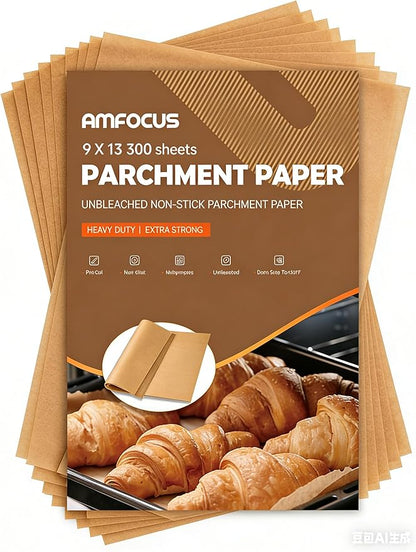 300 Pcs Parchment Paper Sheets, 9x13 In Non-Stick Precut Baking Parchment for Baking, Grilling, Air Fryer, Steaming, and More (Unbleached) - Quarter Sheet Size, Perfect for Bread, Cakes, Cookies by AMFOCUS
