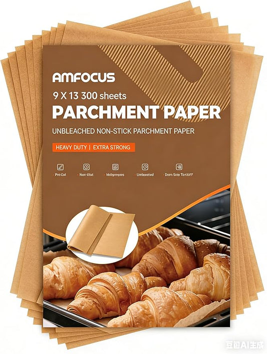 300 Pcs Parchment Paper Sheets, 9x13 In Non-Stick Precut Baking Parchment for Baking, Grilling, Air Fryer, Steaming, and More (Unbleached) - Quarter Sheet Size, Perfect for Bread, Cakes, Cookies by AMFOCUS