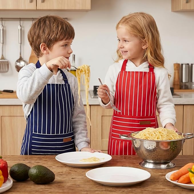 2 Pack Stripes Kids Apron, Kids Cooking Aprons with 2 Pockets, Cute Aprons for Cooking for Boys and Girls